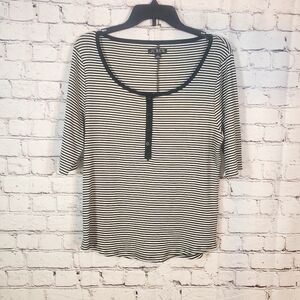 J.CREW Ribbed Henley T-shirt Ivory Black Striped Size XL Casual Preppy Nautical